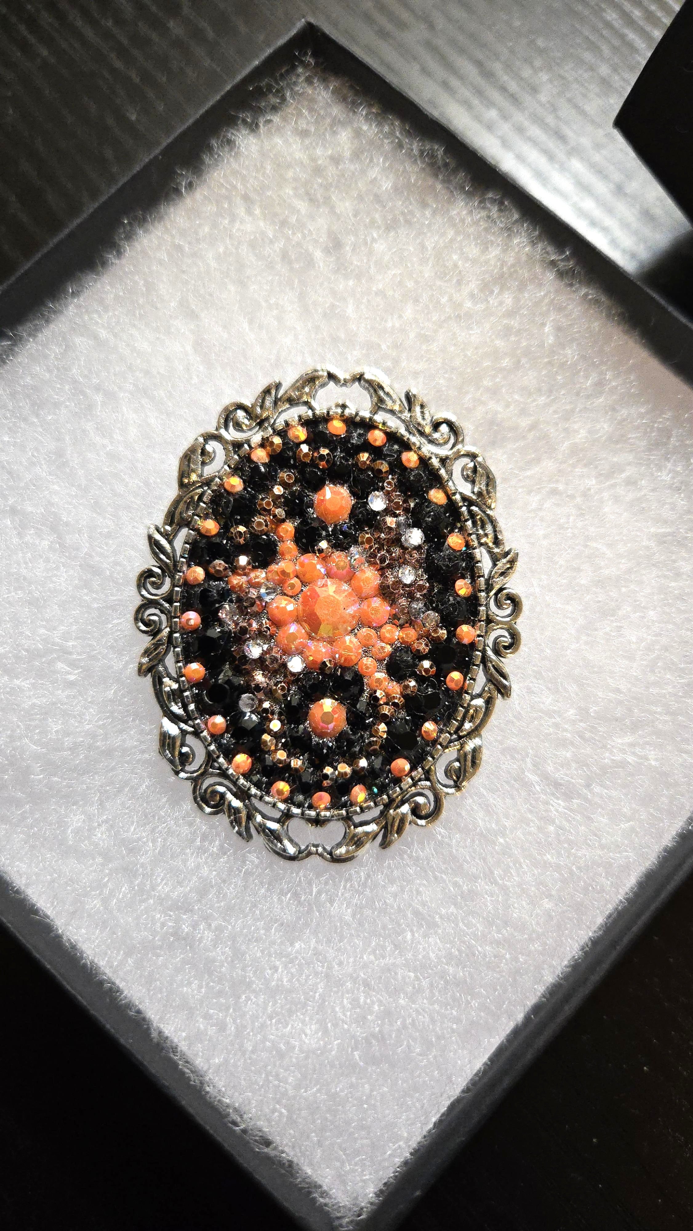 Oval Brooch Silver Tone Black Orange Rhinestone Galaxy Design Fashion Brooch