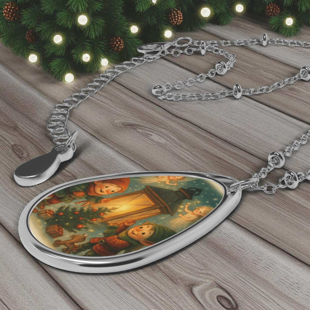 Holiday Necklace Silver Tone Christmas Elves and Fairies Holiday Necklace