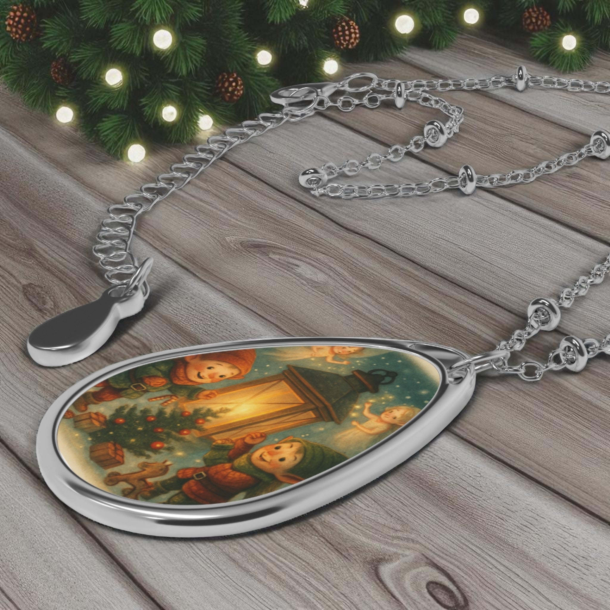 Holiday Necklace Silver Tone Christmas Elves and Fairies Holiday Necklace