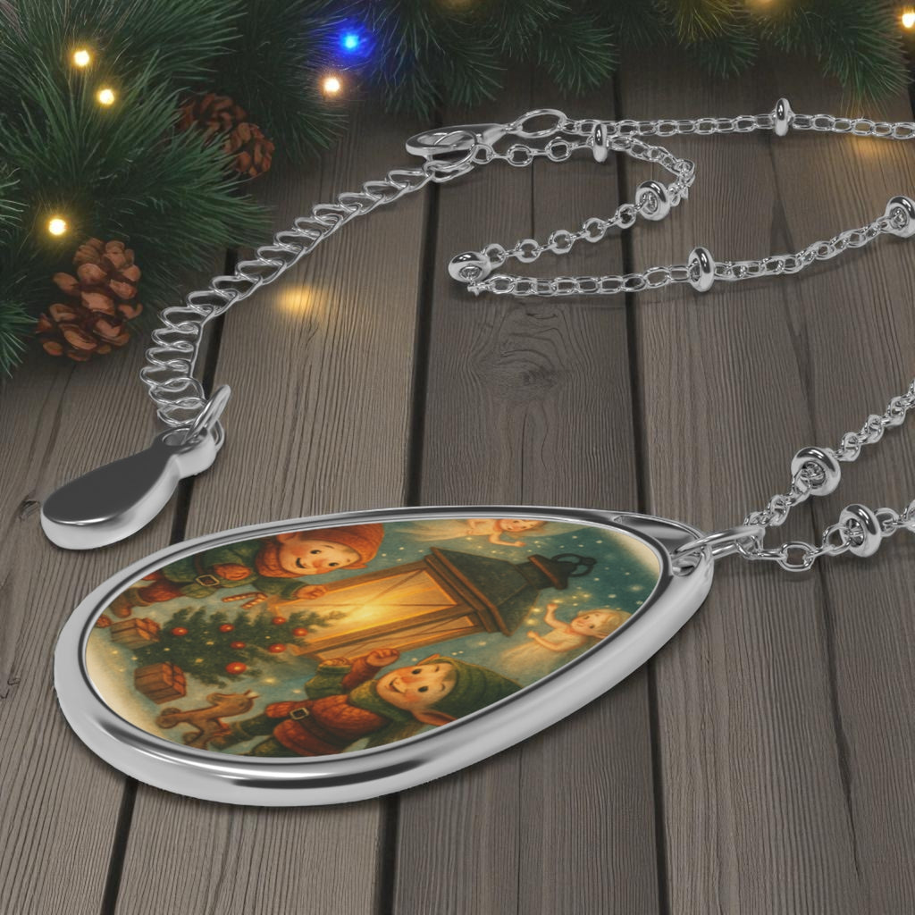 Holiday Necklace Silver Tone Christmas Elves and Fairies Holiday Necklace