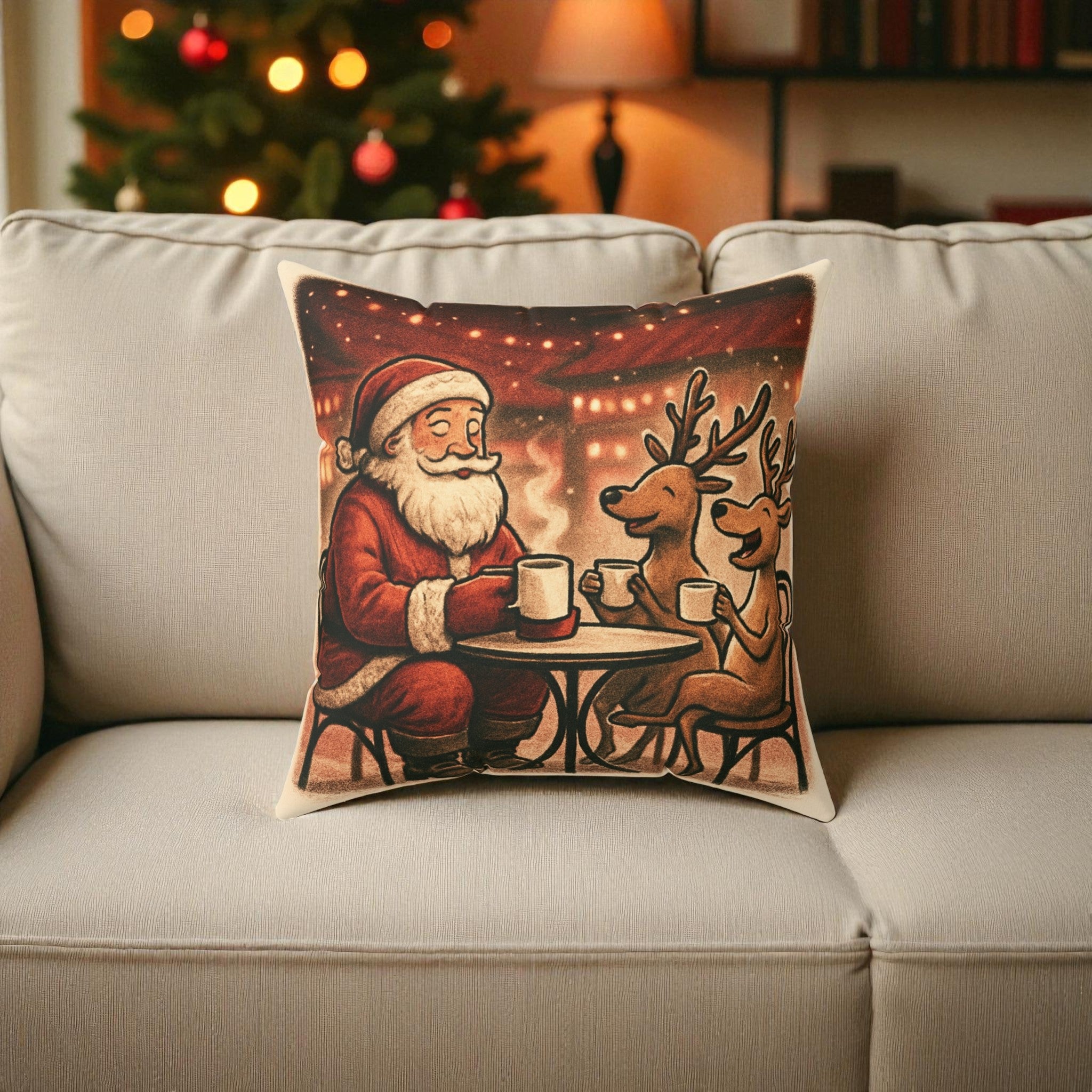 Christmas Decor Santa and Reindeer Square Pillow Holiday Festive Decor Xmas Throw Pillow