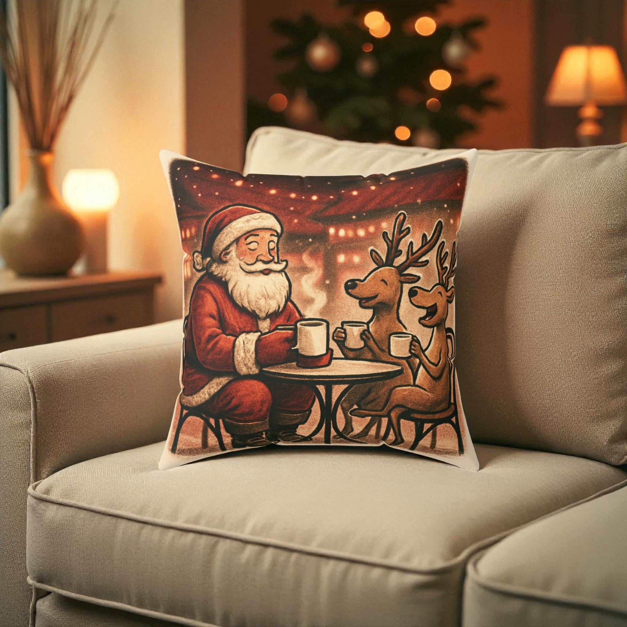 Christmas Decor Santa and Reindeer Square Pillow Holiday Festive Decor Xmas Throw Pillow