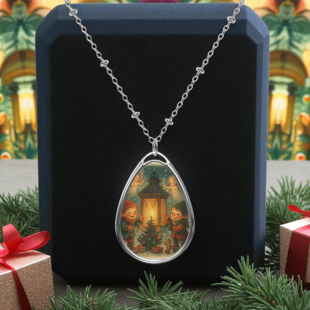 Holiday Necklace Silver Tone Christmas Elves and Fairies Holiday Necklace