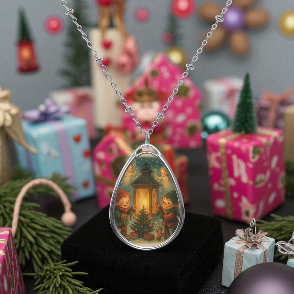 Holiday Necklace Silver Tone Christmas Elves and Fairies Holiday Necklace