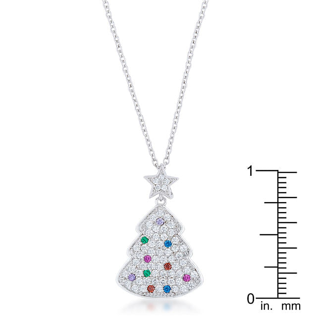 Christmas Tree Necklace Multi-Color CZ Pendant Silver Tone Holiday Jewelry Gift