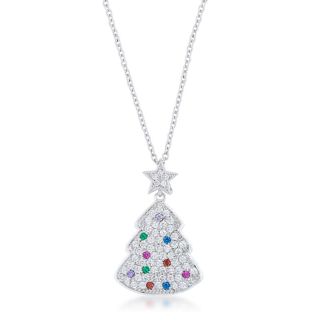 Christmas Tree Necklace Multi-Color CZ Pendant Silver Tone Holiday Jewelry Gift