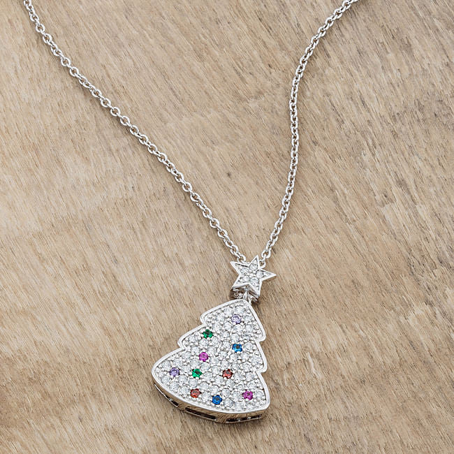 Christmas Tree Necklace Multi-Color CZ Pendant Silver Tone Holiday Jewelry Gift