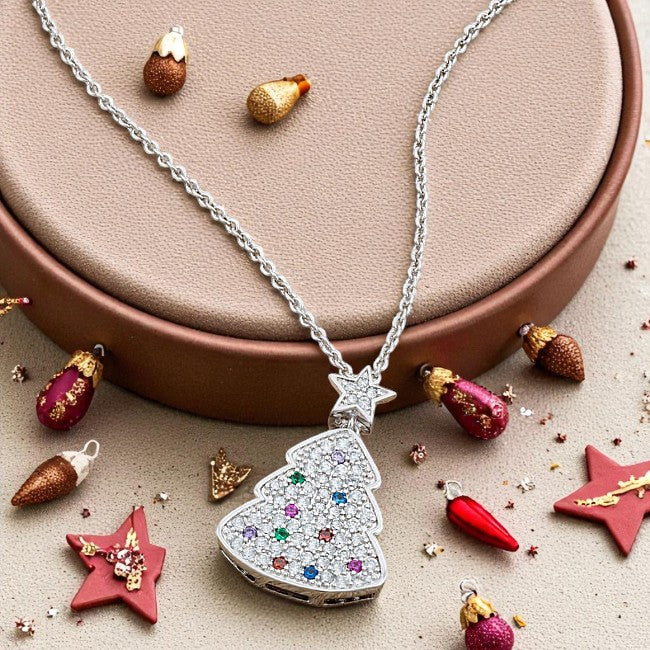 Christmas Tree Necklace Multi-Color CZ Pendant Silver Tone Holiday Jewelry Gift