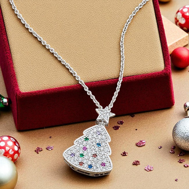 Christmas Tree Necklace Multi-Color CZ Pendant Silver Tone Holiday Jewelry Gift