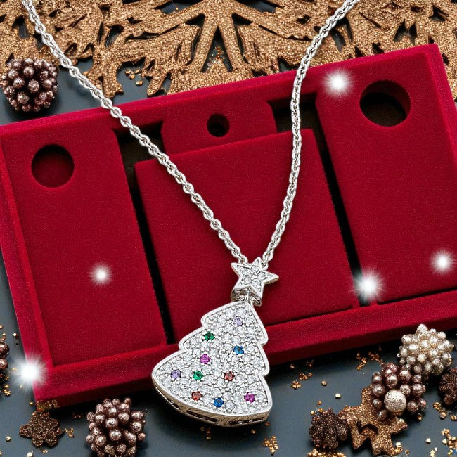 Christmas Tree Necklace Multi-Color CZ Pendant Silver Tone Holiday Jewelry Gift