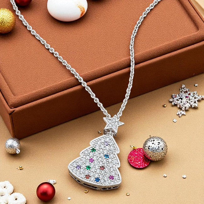Christmas Tree Necklace Multi-Color CZ Pendant Silver Tone Holiday Jewelry Gift