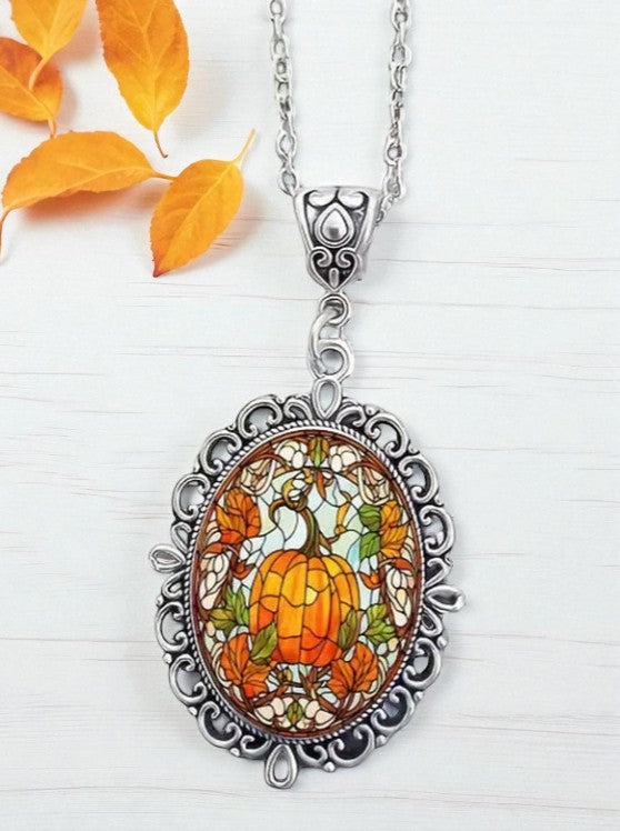 Silver Tone Thanksgiving Pumpkin Dome Pendant Necklace Festive Fall Jewelry Gift for Her