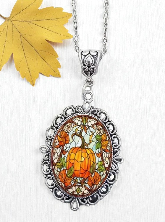 Silver Tone Thanksgiving Pumpkin Dome Pendant Necklace Festive Fall Jewelry Gift for Her