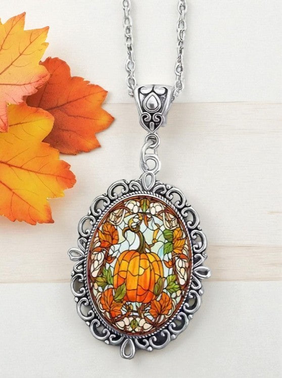 Silver Tone Thanksgiving Pumpkin Dome Pendant Necklace Festive Fall Jewelry Gift for Her