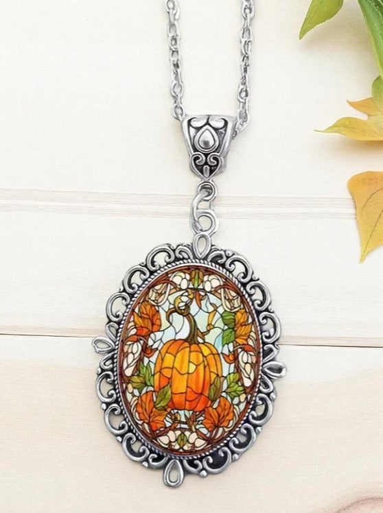 Silver Tone Thanksgiving Pumpkin Dome Pendant Necklace Festive Fall Jewelry Gift for Her