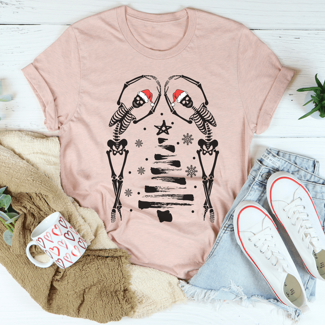 Christmas T-Shirt Festive Skeletons Holiday Tee 100% Cotton Made in USA Soft & Comfortable