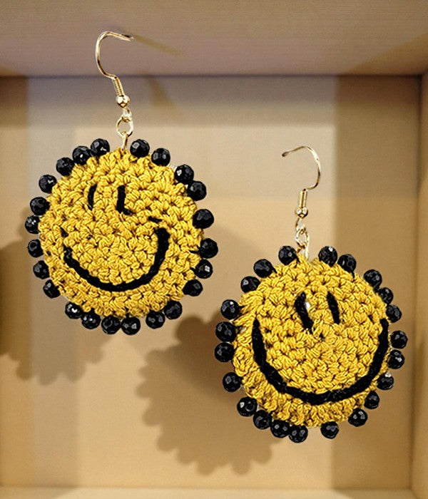 Handmade Crochet Smiley Face Earrings Fun Boho Playful Casual Gift