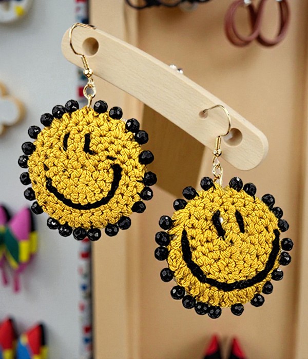 Handmade Crochet Smiley Face Earrings Fun Boho Playful Casual Gift