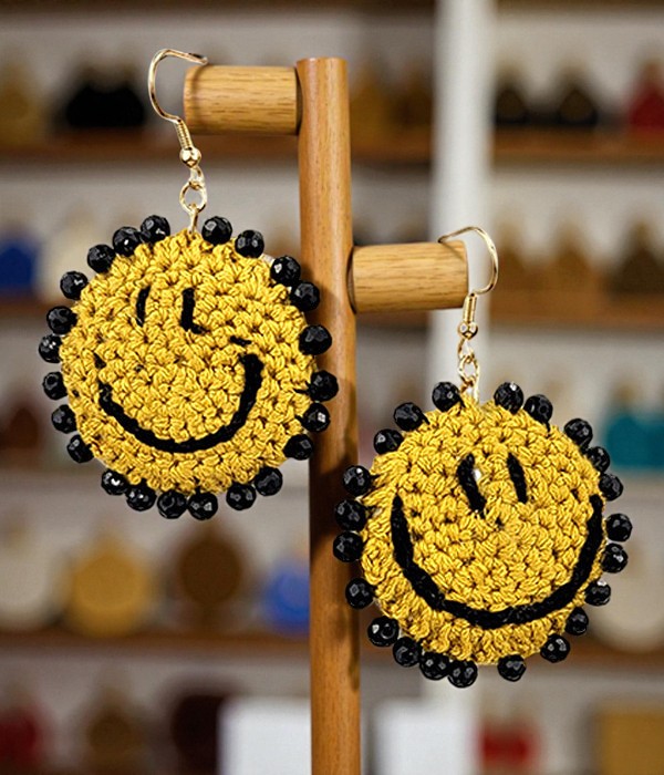 Handmade Crochet Smiley Face Earrings Fun Boho Playful Casual Gift