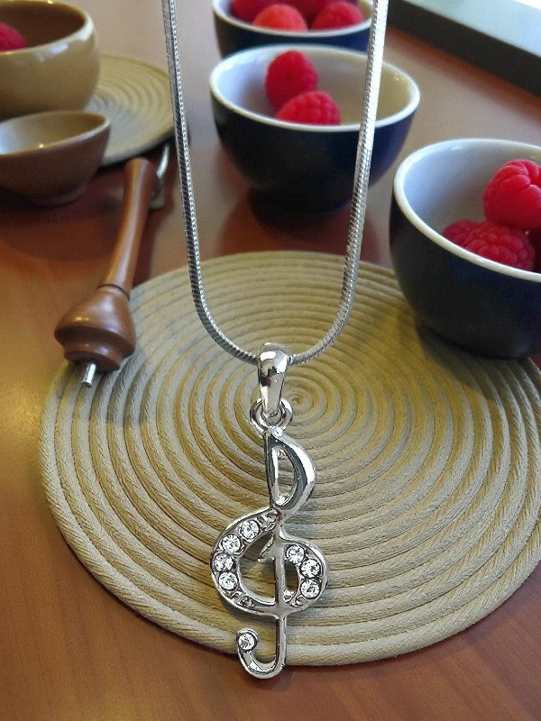 Music Necklace Treble Clef White Gold Plated Crystal Rhinestone Music Lover Necklace