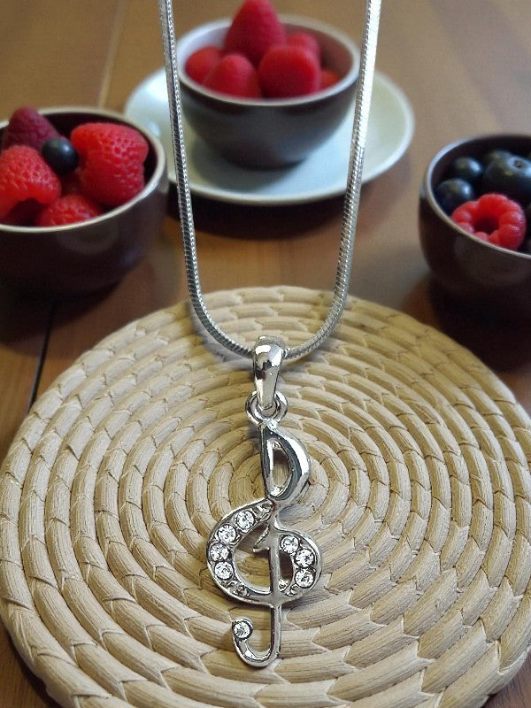 Music Necklace Treble Clef White Gold Plated Crystal Rhinestone Music Lover Necklace