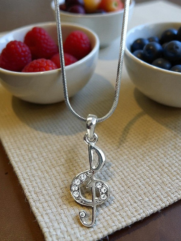 Music Necklace Treble Clef White Gold Plated Crystal Rhinestone Music Lover Necklace