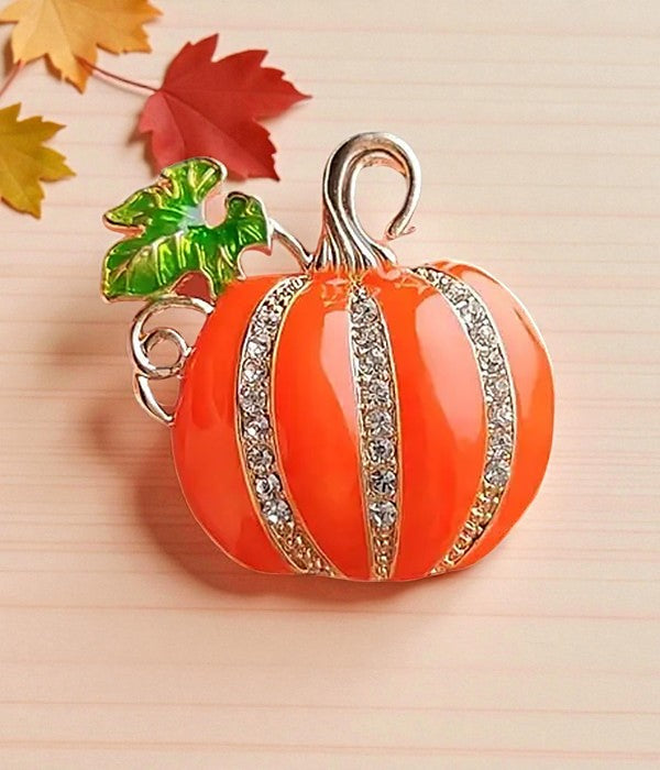 Thanksgiving Pumpkin Brooch Orange Enamel & Crystal Rhinestone Pin