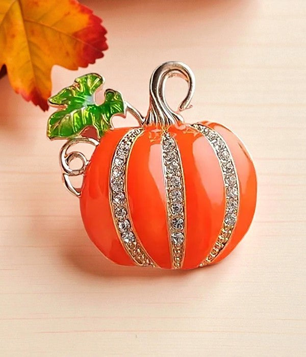 Thanksgiving Pumpkin Brooch Orange Enamel & Crystal Rhinestone Pin