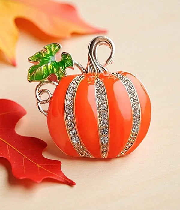 Thanksgiving Pumpkin Brooch Orange Enamel & Crystal Rhinestone Pin