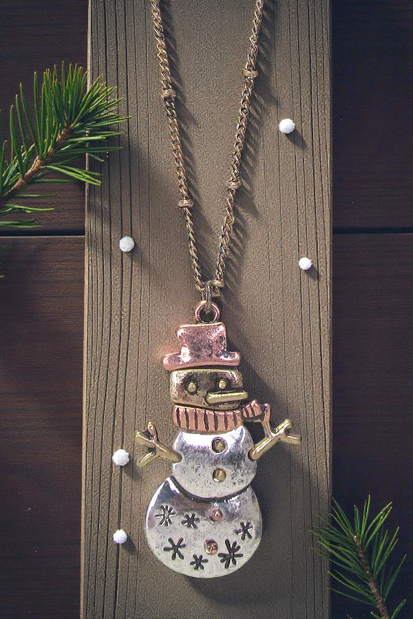 Snowman Necklace Winter Theme Snowman Pendant Pink Silver Gold Tone Snowman