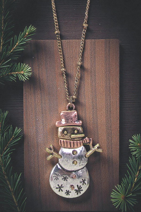 Snowman Necklace Winter Theme Snowman Pendant Pink Silver Gold Tone Snowman