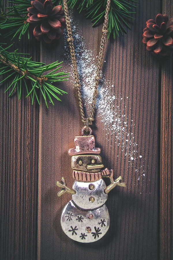 Snowman Necklace Winter Theme Snowman Pendant Pink Silver Gold Tone Snowman
