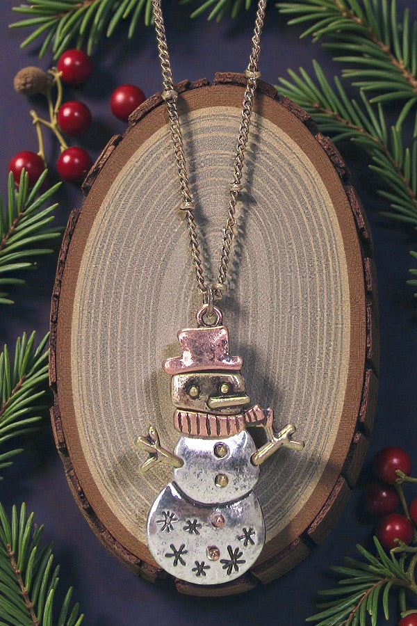 Snowman Necklace Winter Theme Snowman Pendant Pink Silver Gold Tone Snowman